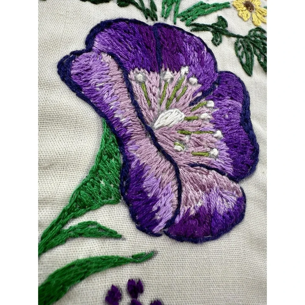 Handmade Embroidered Floral Butterfly Throw Pillow 12x12 Purple‎ Satin EUC